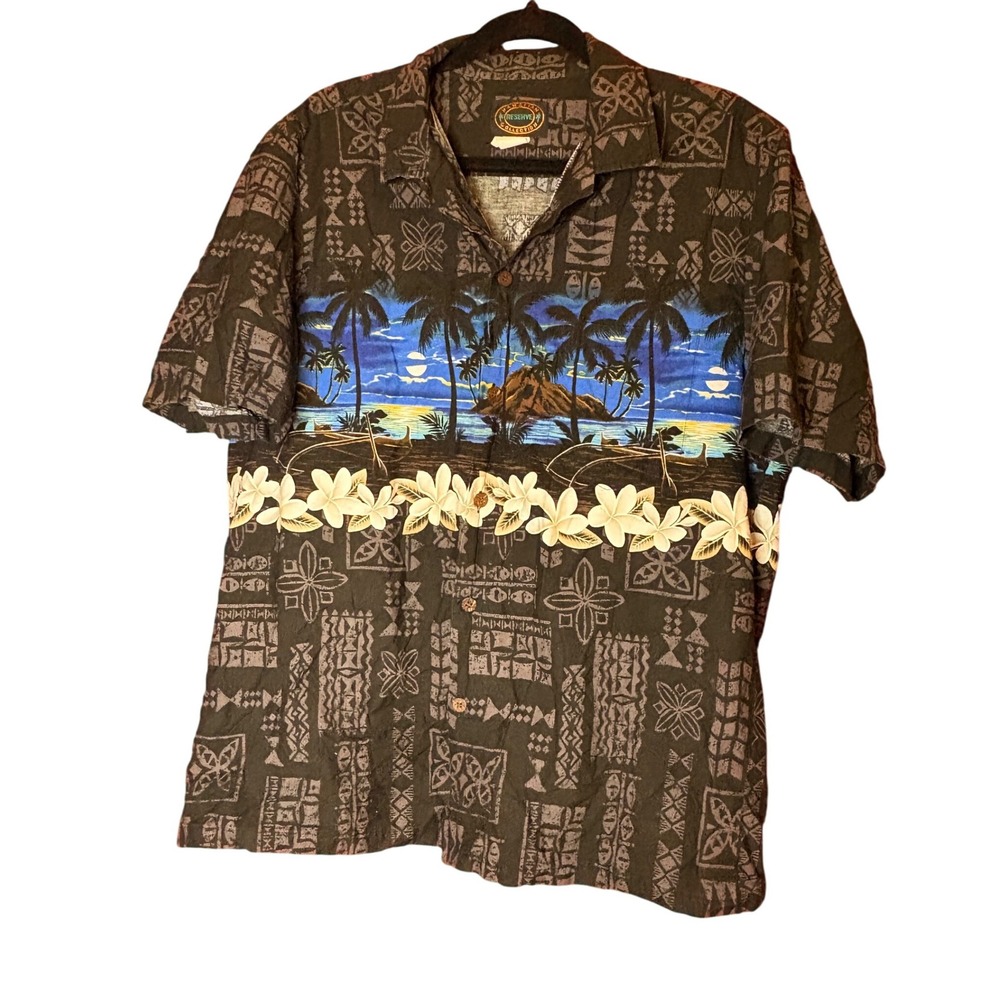 VTG Hawaiian Reserve Collection Mens Aloha Shirt Tropical Palm Tree Beach‎ Scene